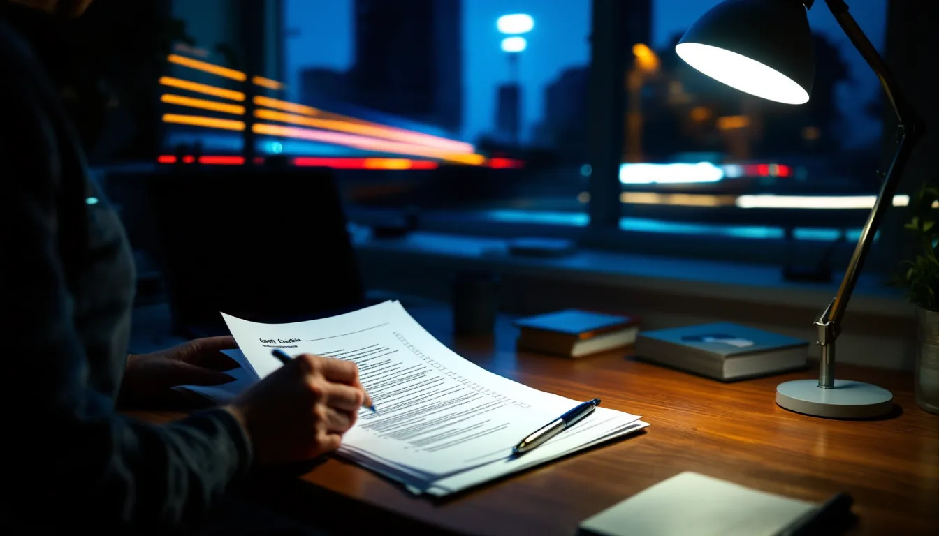 A hand turning the pages of a grant application at night, softened into light by a long exposure